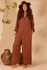 Yacamim Brown Long Pantaloon Jumpsuit with Folded Sleeves