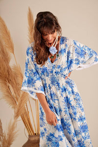 Yacamim White Broderie Long Dress with Blue Print