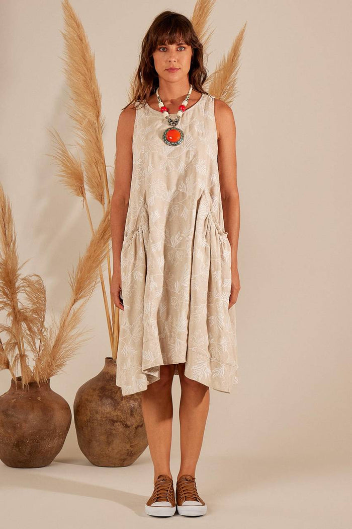 Yacamim Sleeveless Beige Linen Short Dress