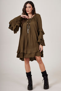 Yacamim E23 Solid Dark Green Off-the-Shoulder Mini Dress