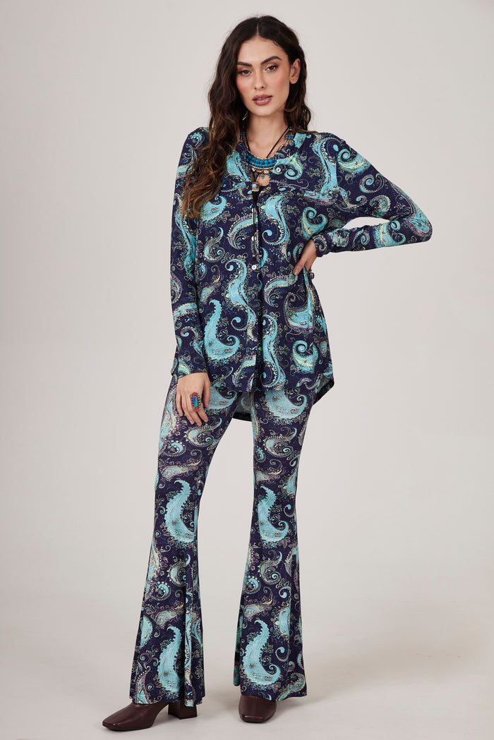 Yacamim A15 Blue Cashmere Print Flare Pants with Pockets