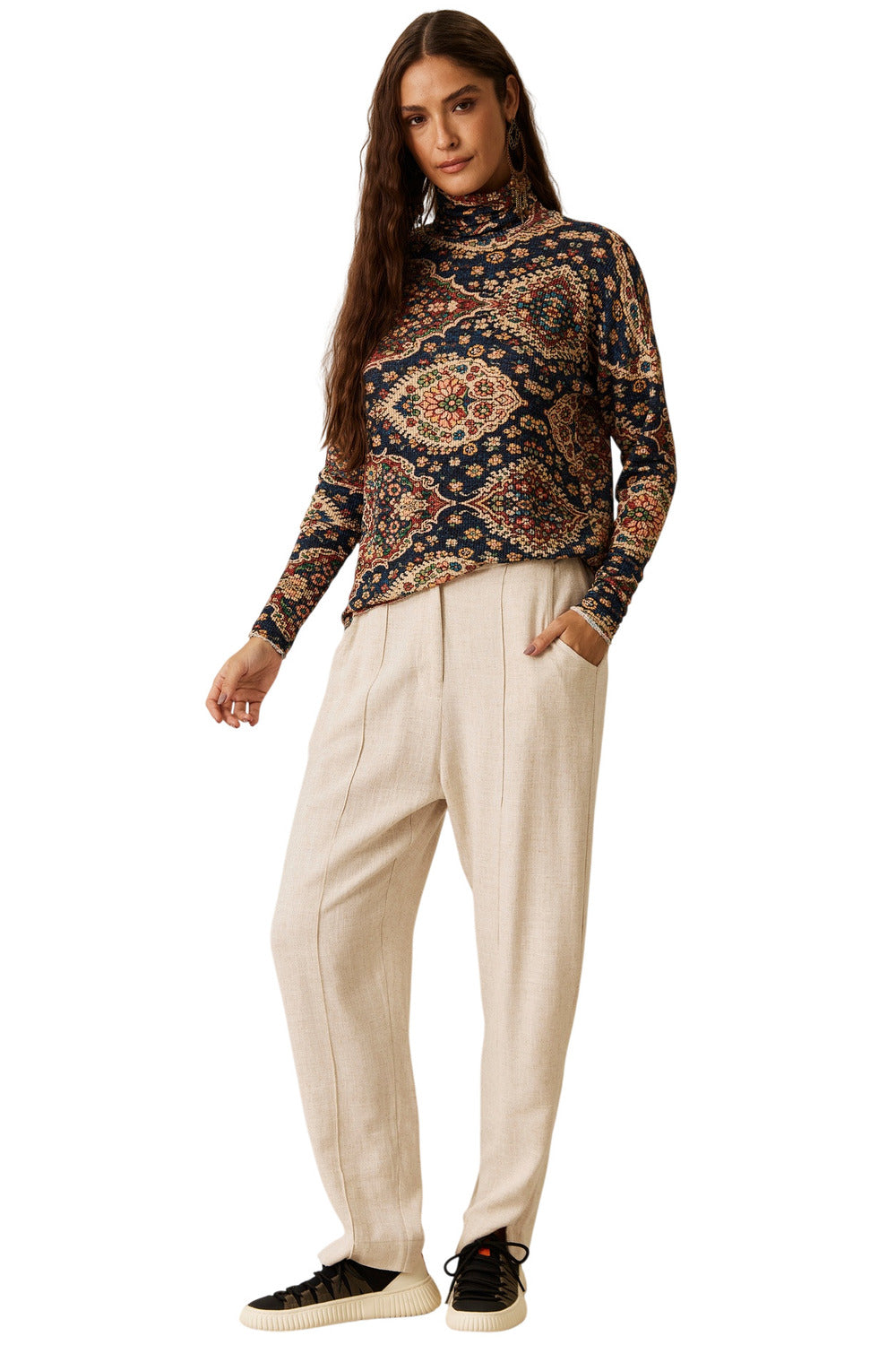 Yacamim A10 Beige Viscose Linen Tailored Trousers