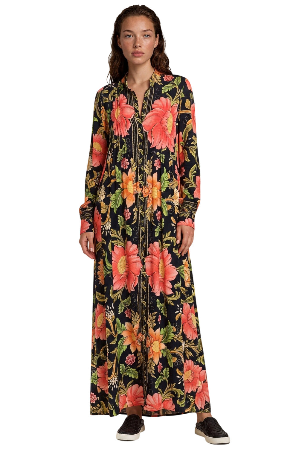 Chemise Ampla Longa Com Botões Pretos Preto Floral Yacamim L7