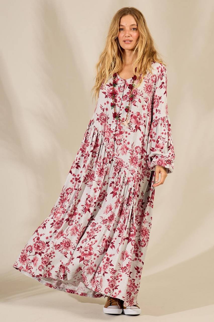 Long Dress with Asymmetrical Cut Gray Burgundy Floral Print Yacamim