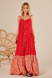 Yacamim Long Red Patchwork Strappy Chemise Dress
