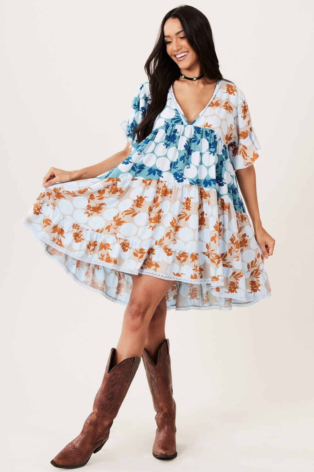 Yacamim Light Blue Polka Dot Patchwork Loose Short Dress C2