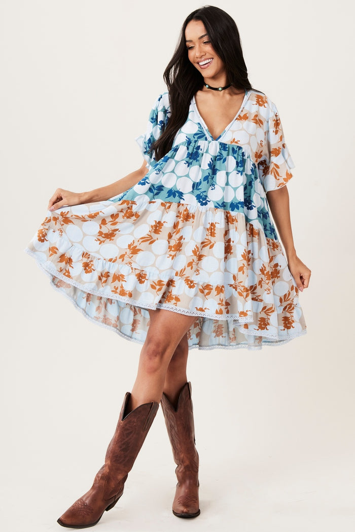 Yacamim Light Blue Polka Dot Patchwork Loose Short Dress C2