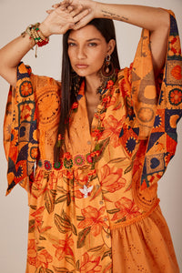 Short Dress with Orange Crochet Details Patchwork Yacamim D13