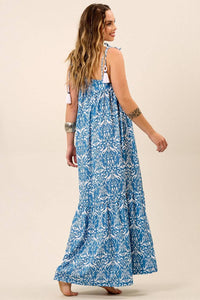 Yacamim Printed Blue Asymmetrical Cutout Strappy Maxi Dress