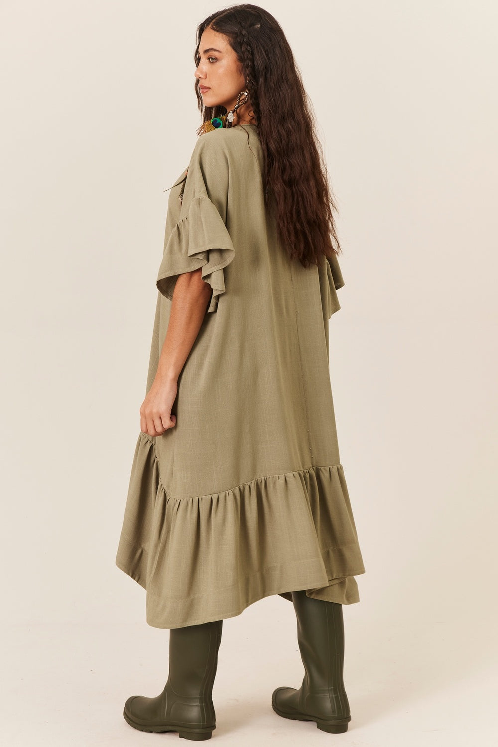 Vestido Midi De Viscolinho Com Pontas Verde Oliva Yacamim E23