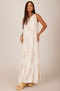 Vestido Regata Longo De Linho Babados Bege Estampado Yacamim C14
