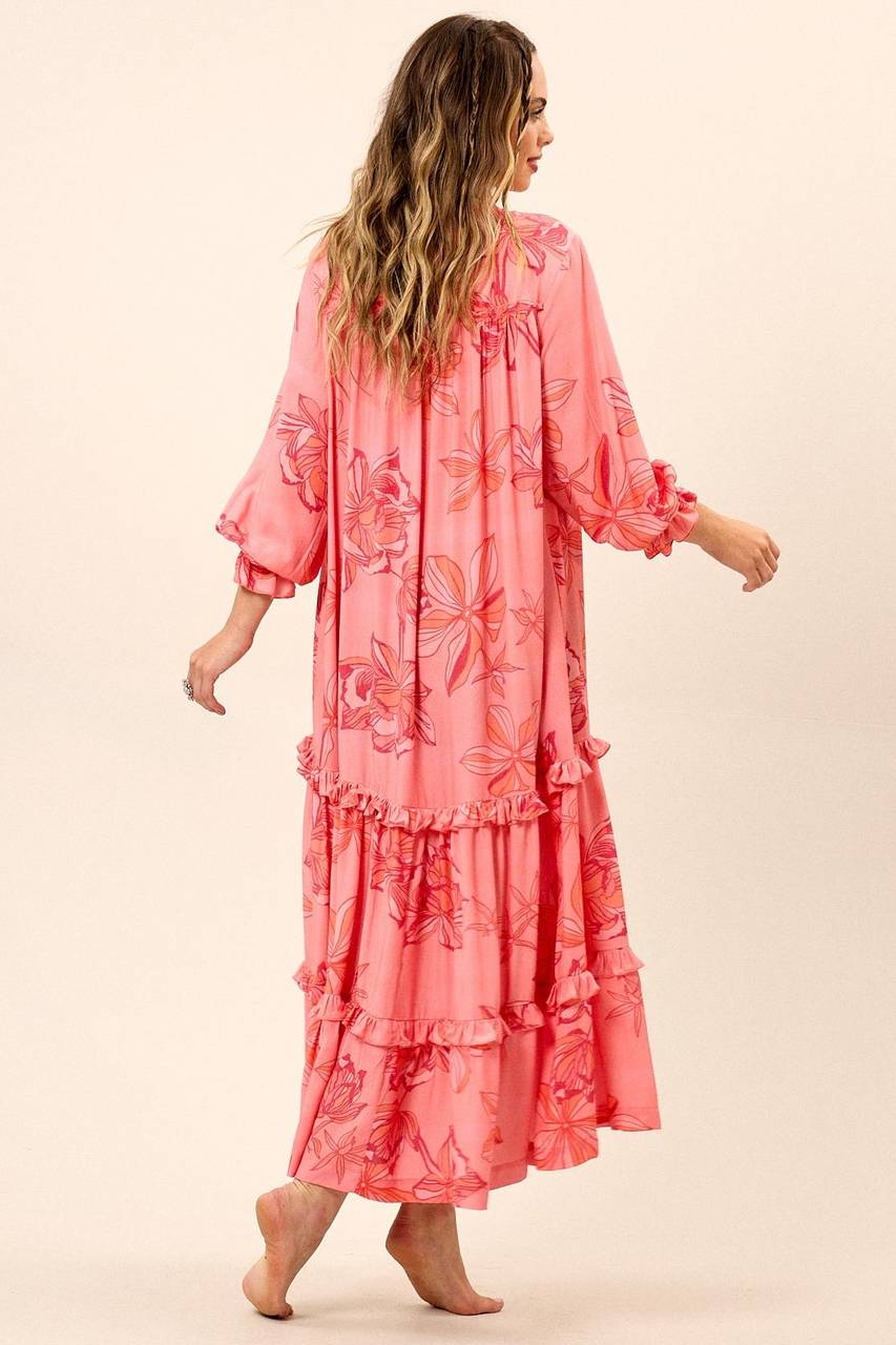 Yacamim E15 Pink Printed Long Sleeve Midi Shirt Dress