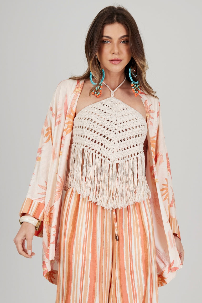 Yacamim I9 Short Rosé Palm Tree Print Kimono
