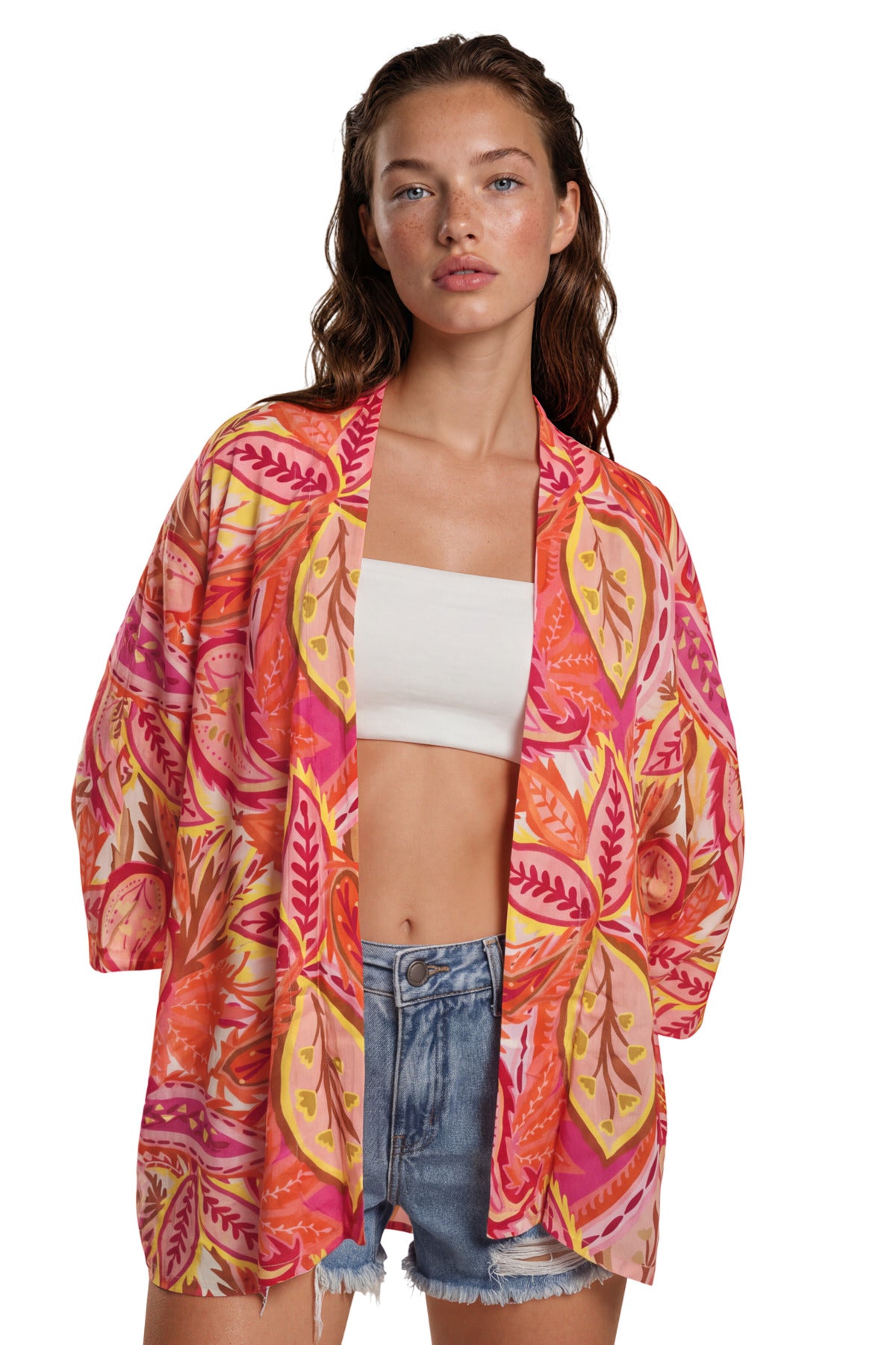 Kimono Curto Com Mangas Longas Rosa Estampado Yacamim J3