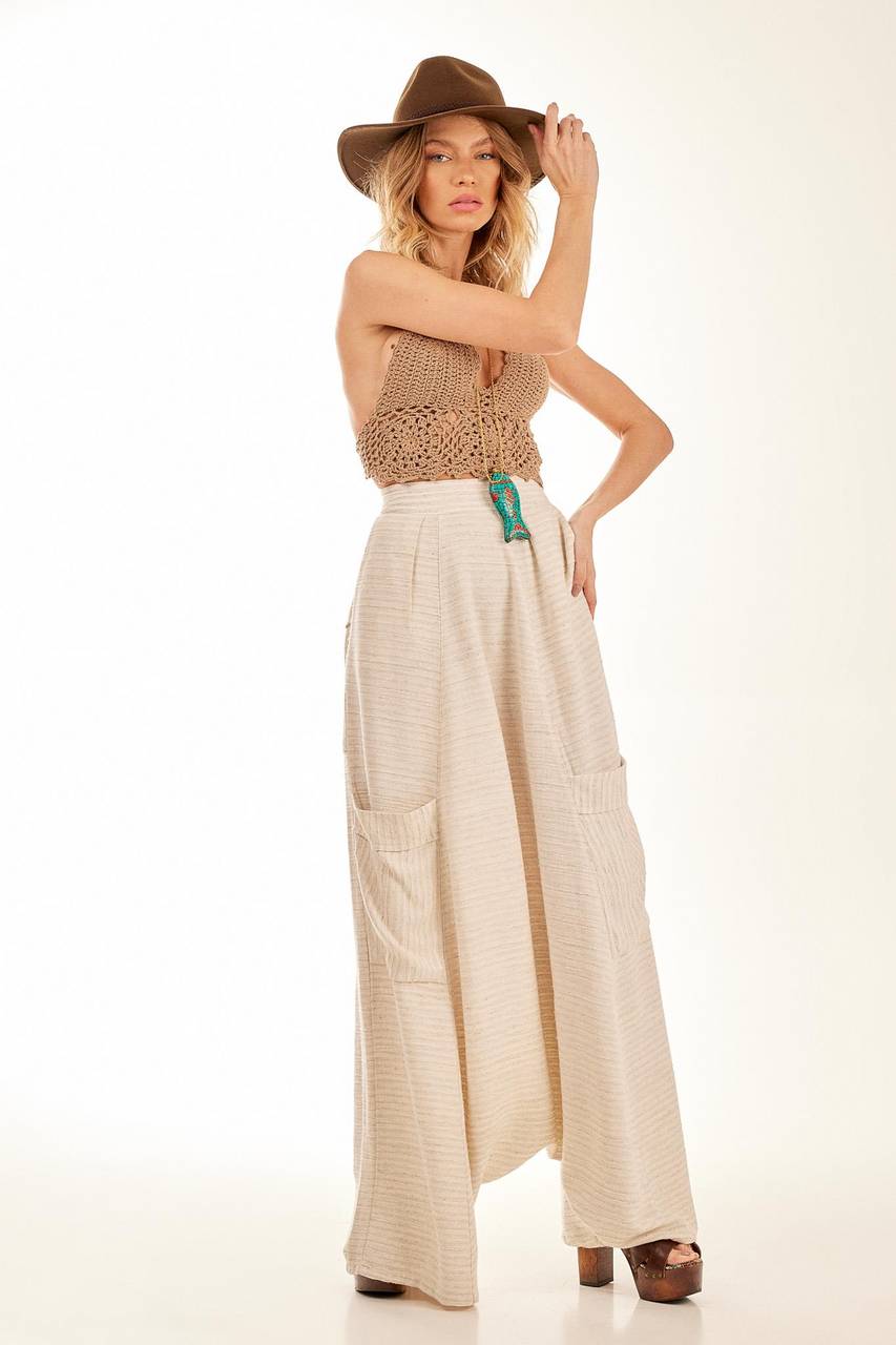 Beige Yacamim H7 Harem Pants with Side and Back Pockets Textured