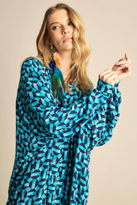 Yacamim Blue Printed Long Shirt with Pockets