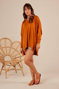 Yacamim Loose Basic Blouse with Elongated Back Dark Orange