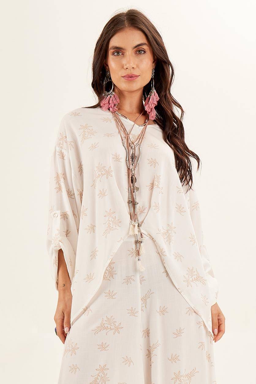 Yacamim Off-White Printed V-Neck Blouse