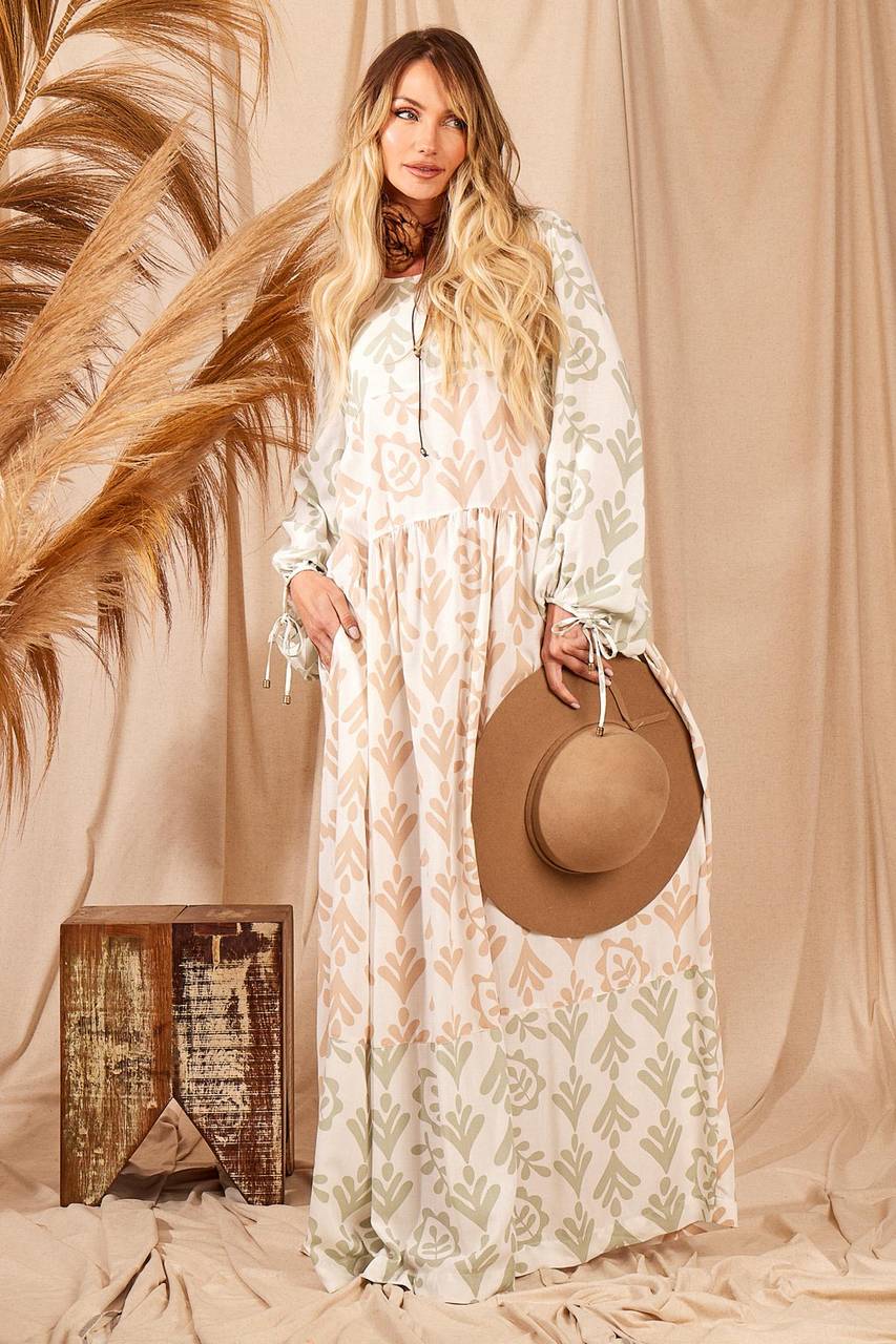 Long Off-White Yacamim Dress with Puffed Long Sleeves and Print