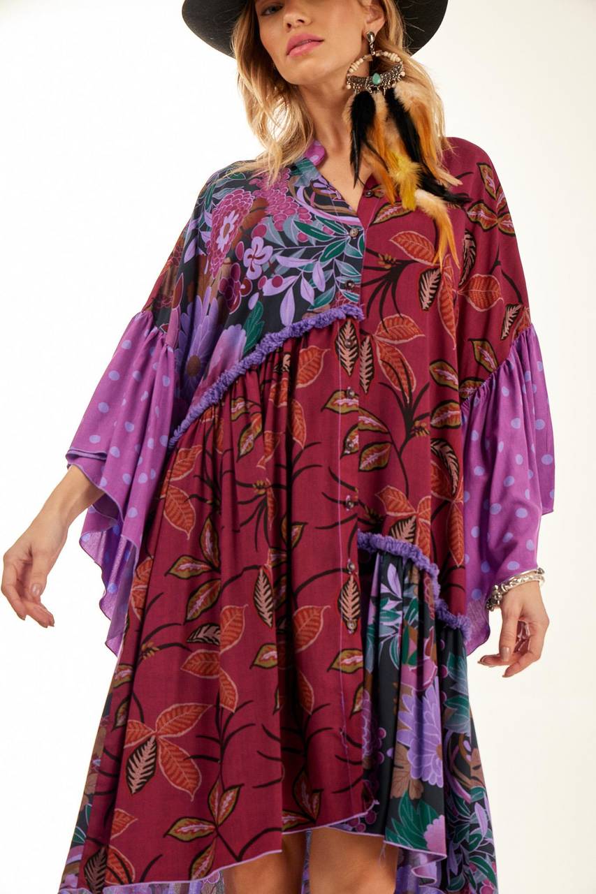 Short Chemise Dress with Asymmetrical Ruffles Purple Patchwork Yacamim<br />
<p>
</p>
