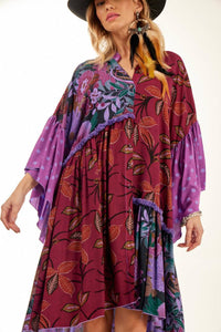 Short Chemise Dress with Asymmetrical Ruffles Purple Patchwork Yacamim<br />
<p>
</p>