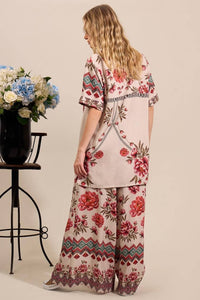 Yacamim Beige Printed Wide-Leg Pants with One Leg Slit A7
