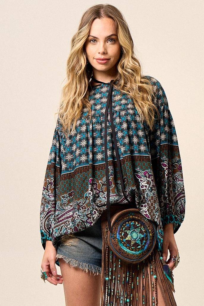 Yacamim Loose Robe with Long Billowy Sleeves and Cashmere Print B2