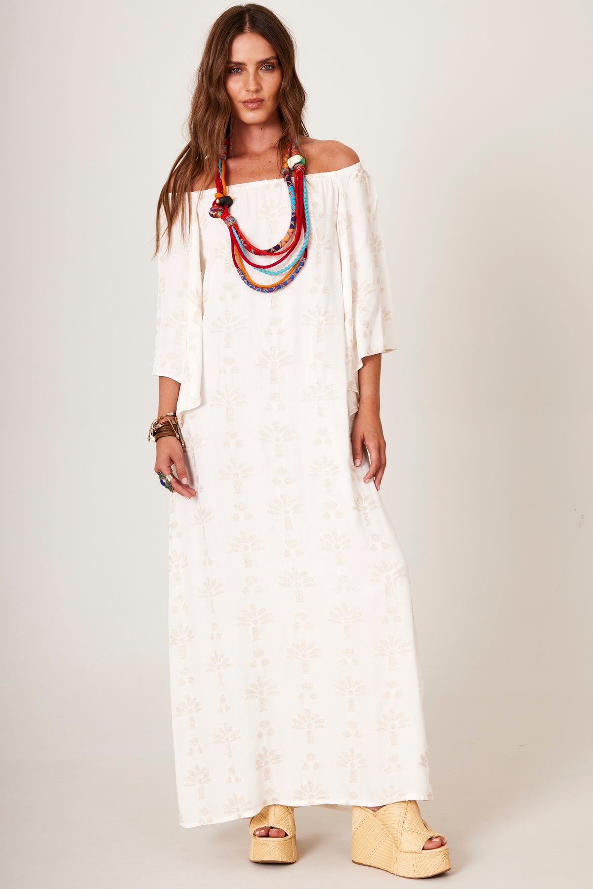 Yacamim C6 Beige Textured Floral Off-the-Shoulder Linen Maxi Dress