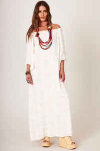 Yacamim C6 Beige Textured Floral Off-the-Shoulder Linen Maxi Dress