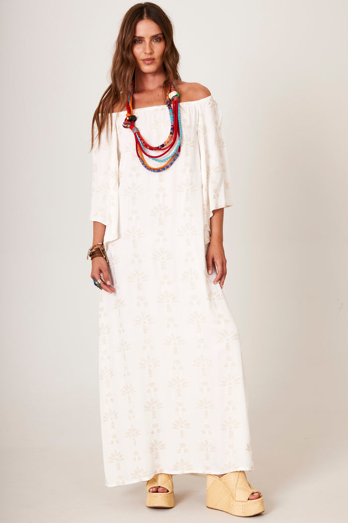 Yacamim C6 Beige Textured Floral Off-the-Shoulder Linen Maxi Dress