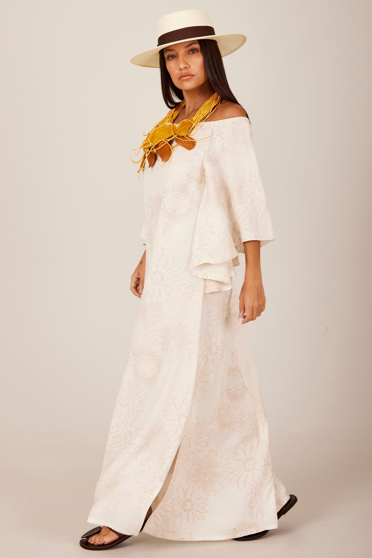 Yacamim E14 Beige Printed Linen Off-the-Shoulder Long Dress
