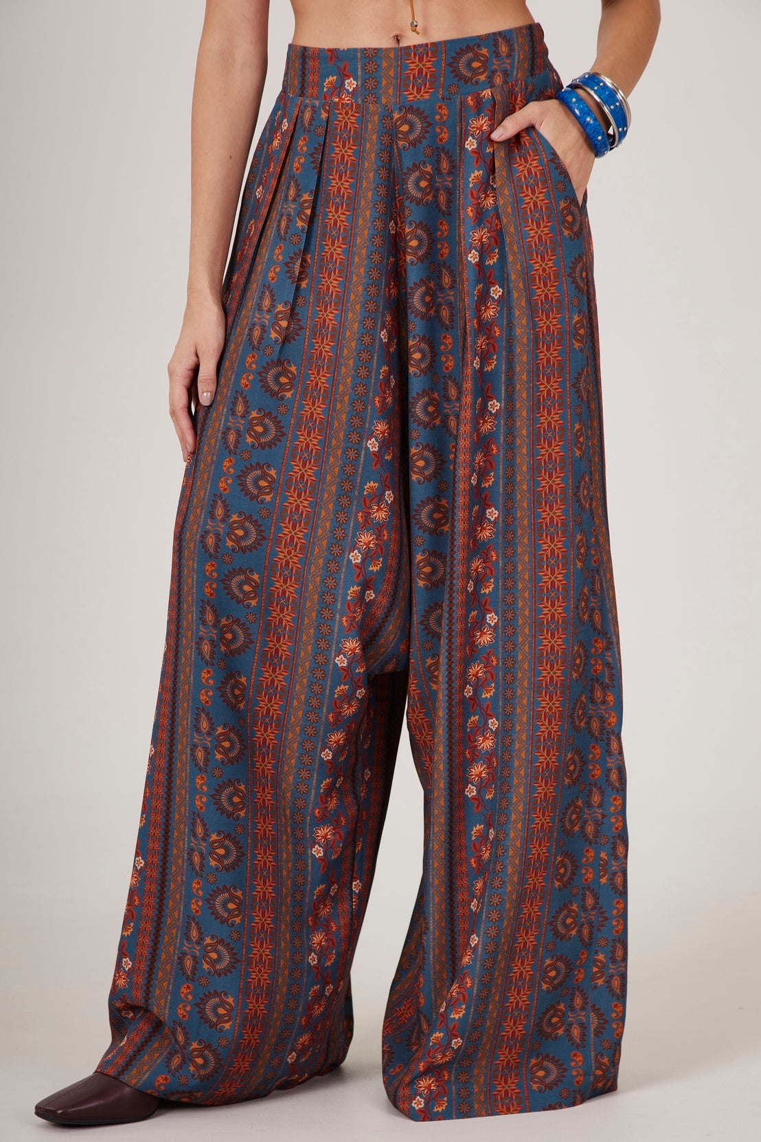 Yacamim Teal Printed Harem Wide-Leg Pants G10