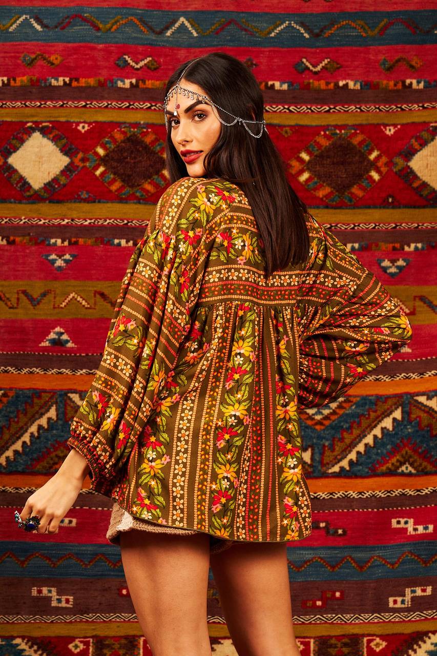 Yacamim Green Printed Long Puffy Sleeve Tunic