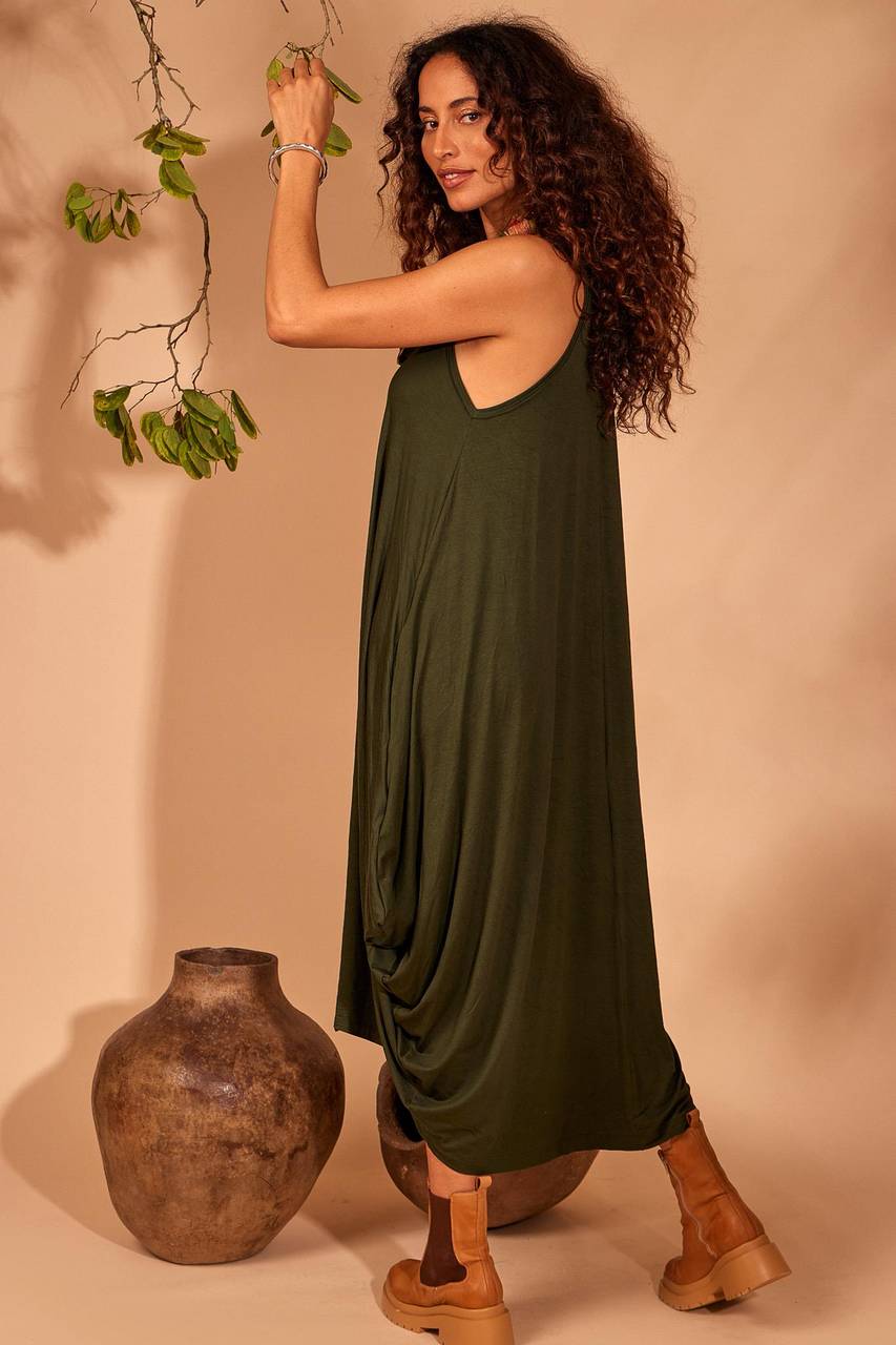 Yacamim Dark Green Midi Sleeveless Dress with Pockets