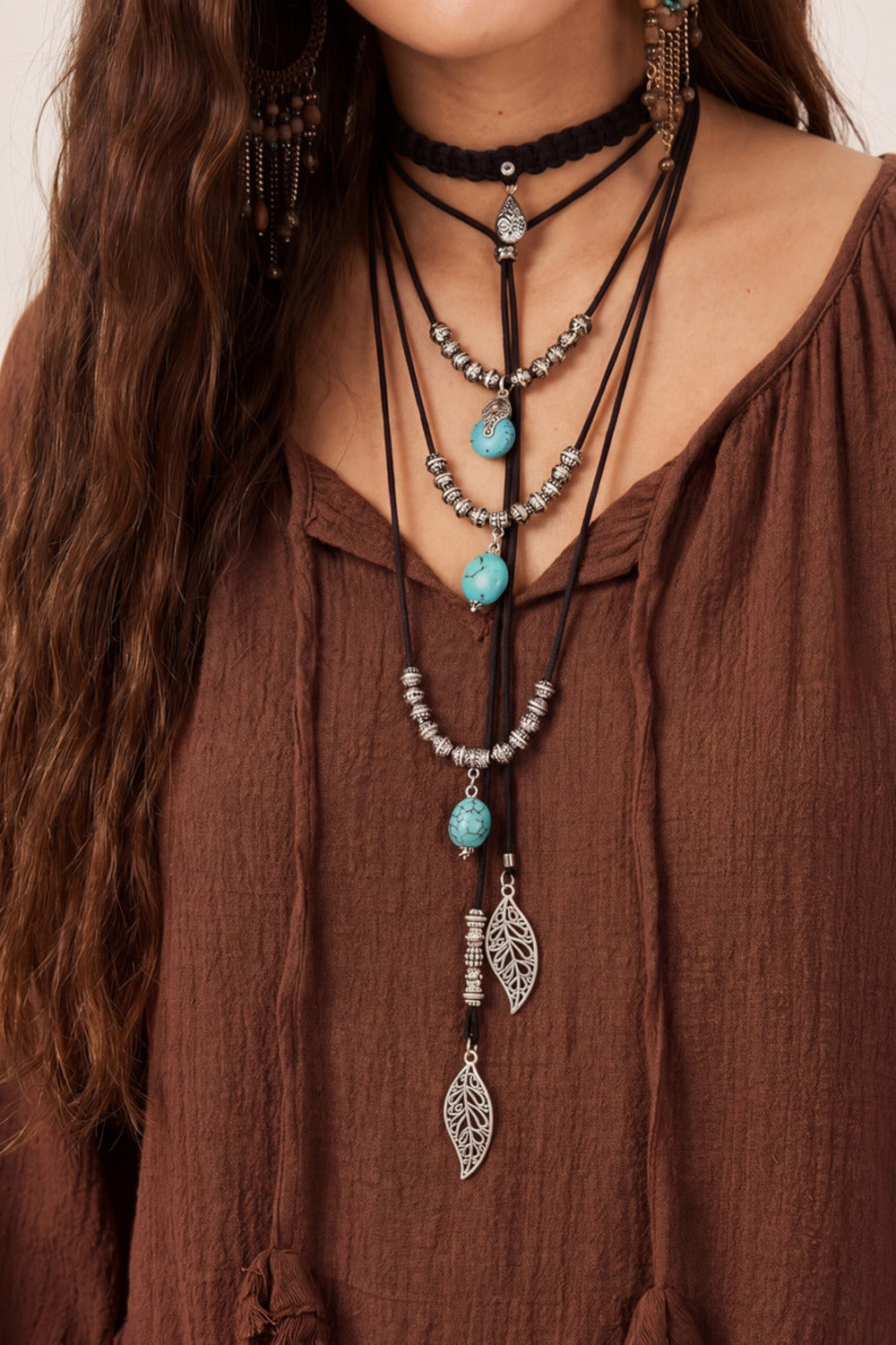 Handmade Black Rope Necklace with Pendants and Stones #1038
