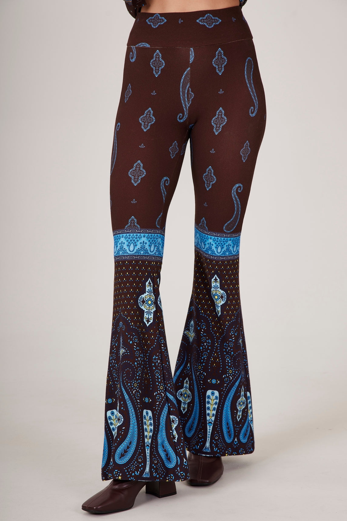 Yacamim A30 Dark Brown Flare Pants with Blue Paisley Print