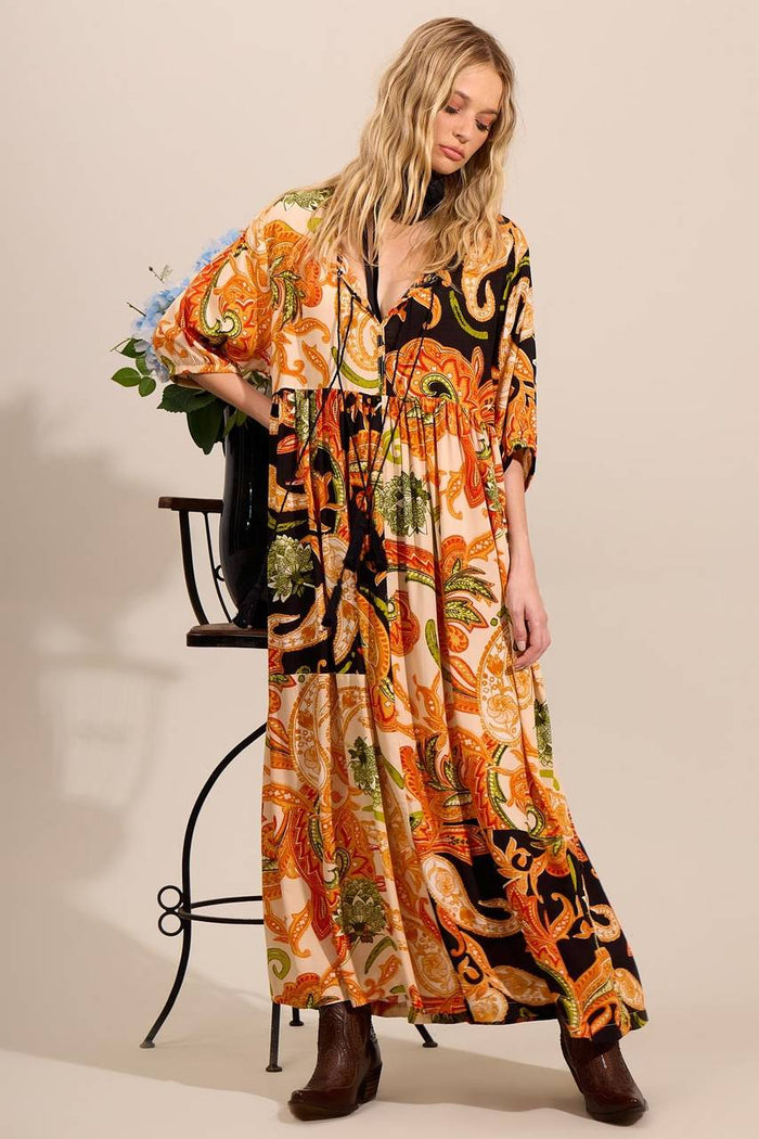 Yacamim Patchwork Print Orange 3/4 Sleeve Midi Dress
