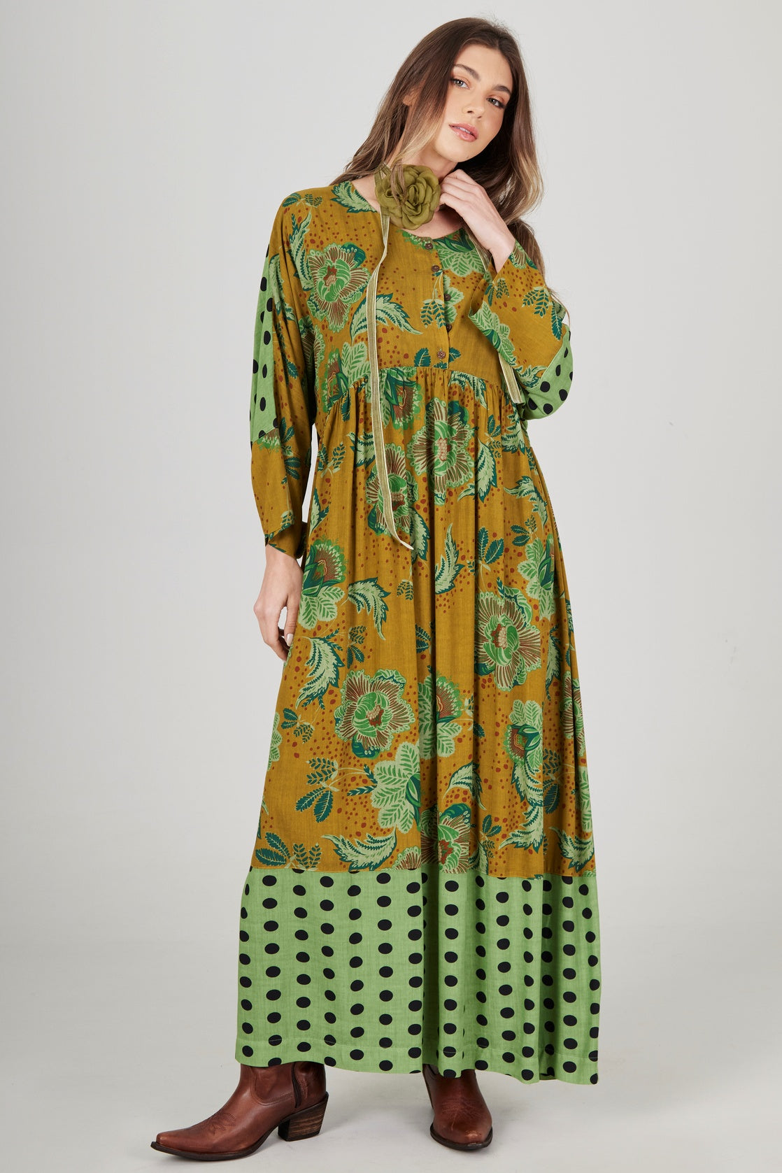 Yacamim E7 Green Patchwork Print Loose Midi Dress