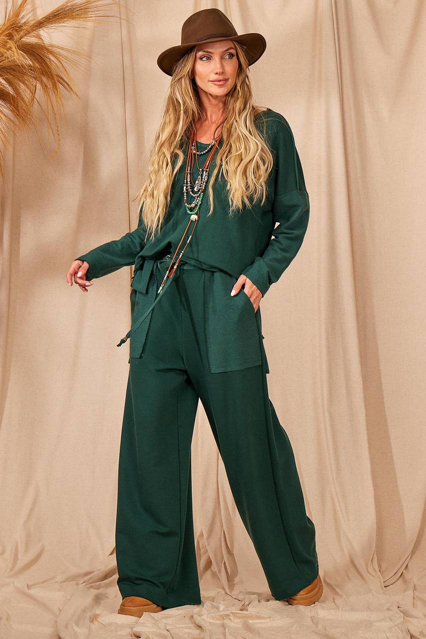 Dark Green Yacamim Sweatshirt Palazzo Pants with Pockets