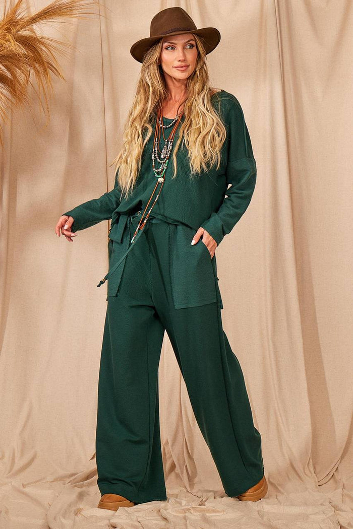 Dark Green Yacamim Sweatshirt Palazzo Pants with Pockets