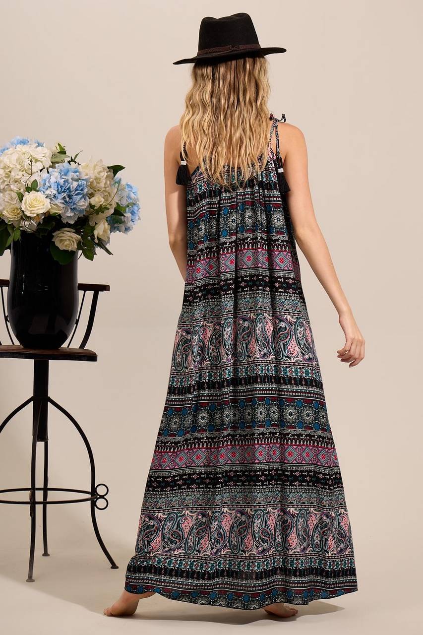 Yacamim D10 Cashmere Print Long Dress with Straps and Black Pom-Poms