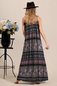Yacamim D10 Cashmere Print Long Dress with Straps and Black Pom-Poms