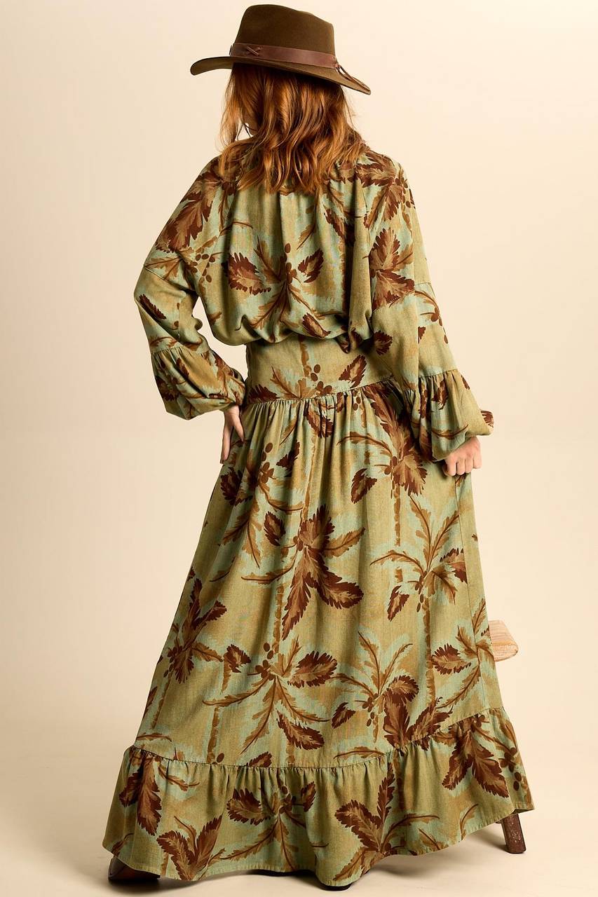 Yacamim A29 Printed Green Linen Long Skirt with Ruffles