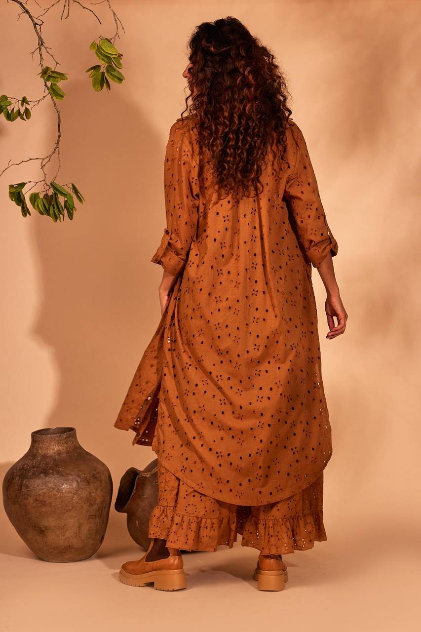 Yacamim Brown Midi Embroidery Shirt No Cuffs
