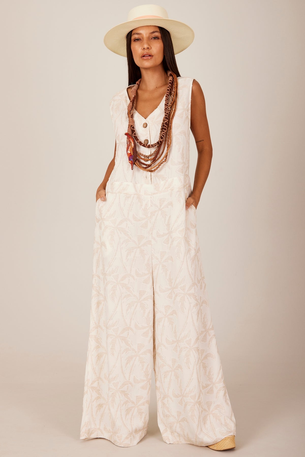 Yacamim O10 Printed Beige Linen Sleeveless Jumpsuit with Wide Leg