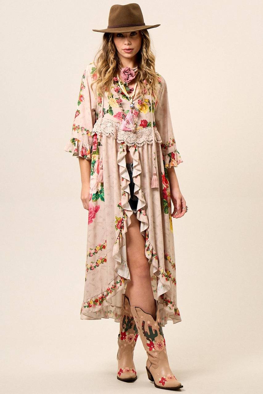 Yacamim D3 Beige Printed Dress with Front Slit