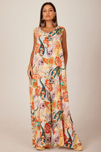 Yacamim Women's Beige Cashmere Print Long Linen Jumpsuit P1