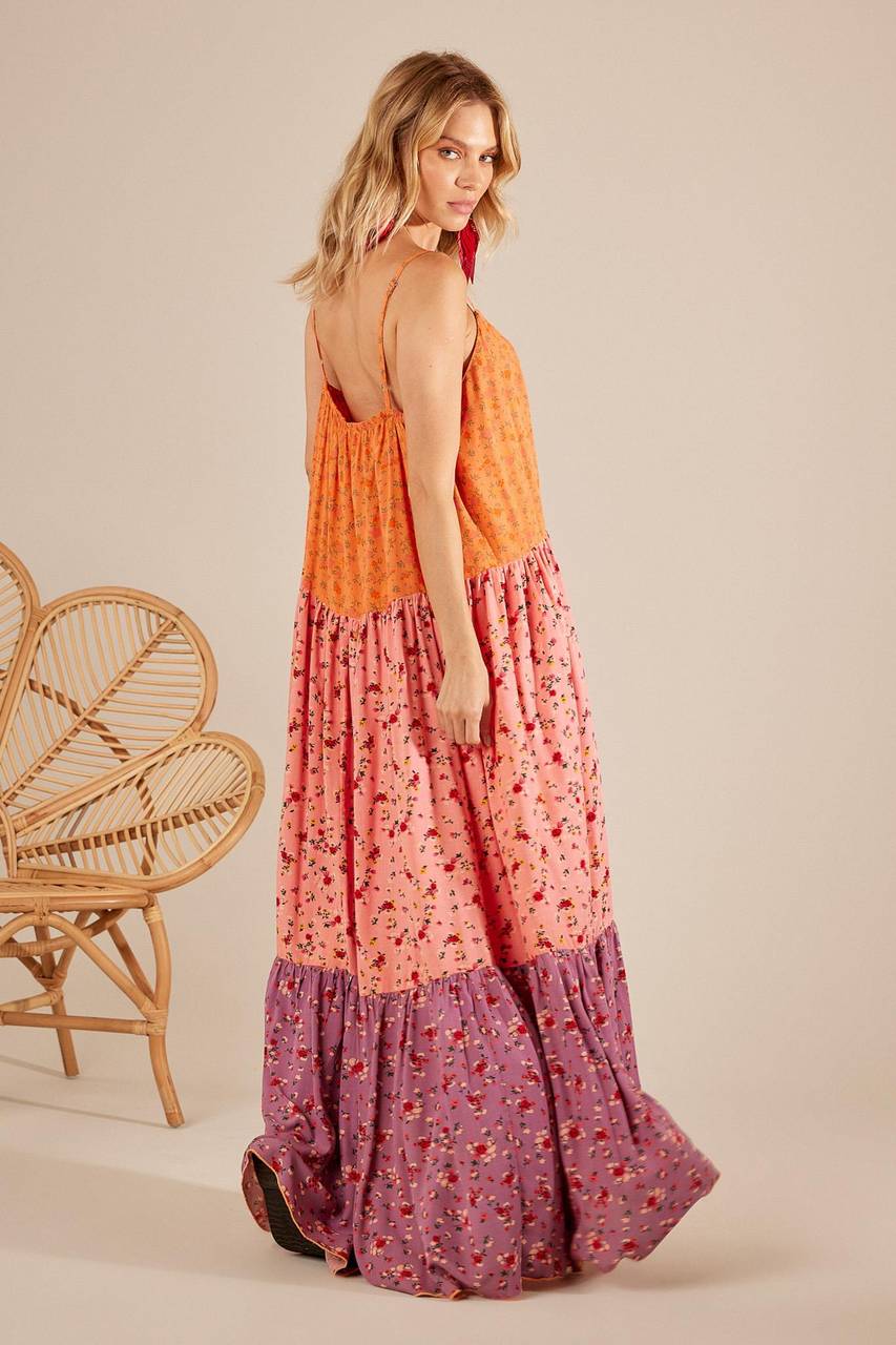 Yacamim Orange and Rosé Patchwork Long Chemise Dress with Ruffles