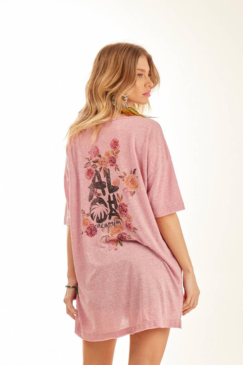 Yacamim B3 Exclusive Print Pink Dropped Shoulder Loose Basic T-Shirt