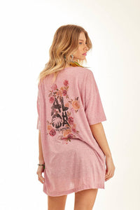 Yacamim B3 Exclusive Print Pink Dropped Shoulder Loose Basic T-Shirt